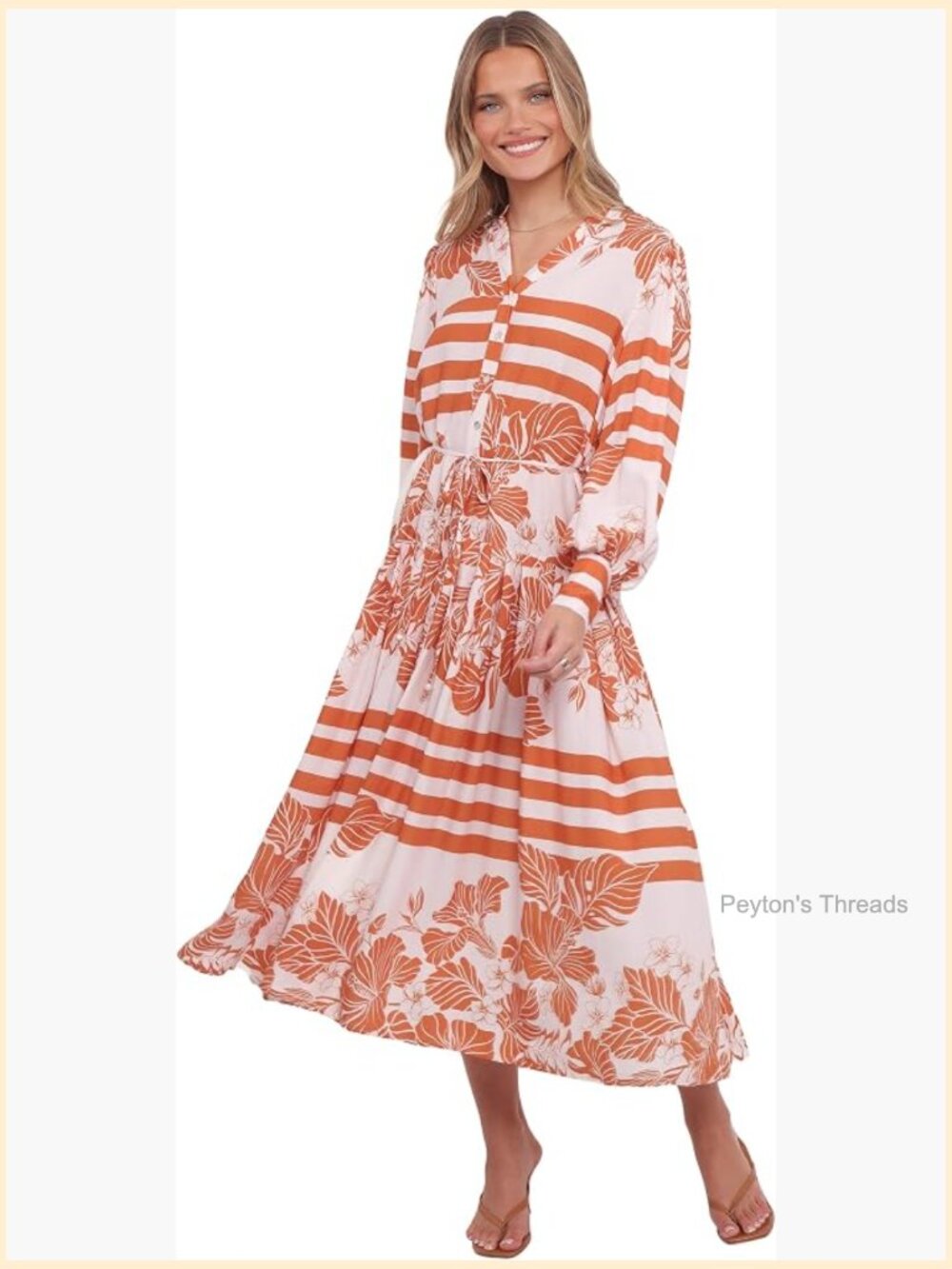 Long Sleeve Midi A-Line Dress with Button Front and Removable Waist Tie - Picture 1 of 5
